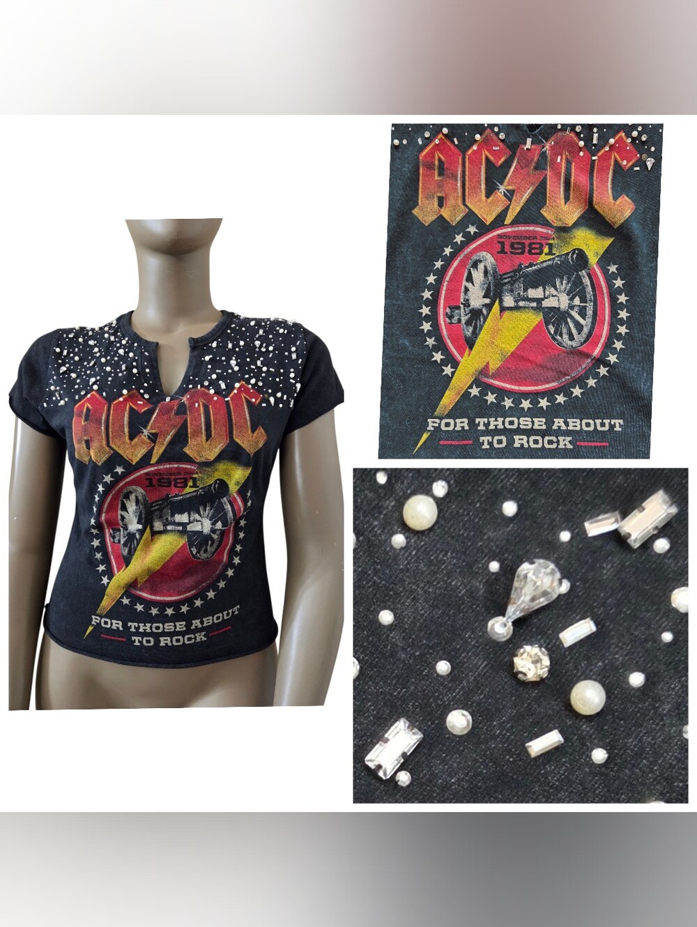 AC/DC Rhinestone Notch Neck TShirt LG Dark Wash Charcoal For Those About To Rock